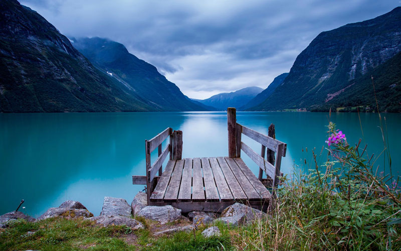 норвегия, мост, озеро, вода, голубая, облака, небо, Norway, горы