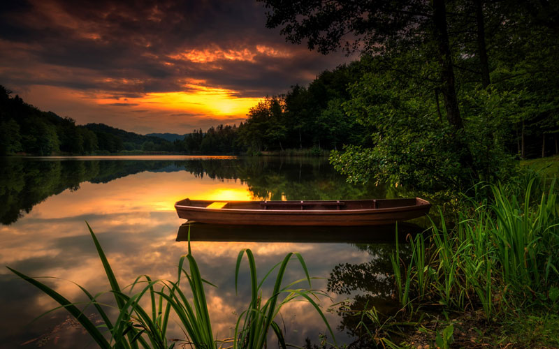 озеро, лодка, лес, закат